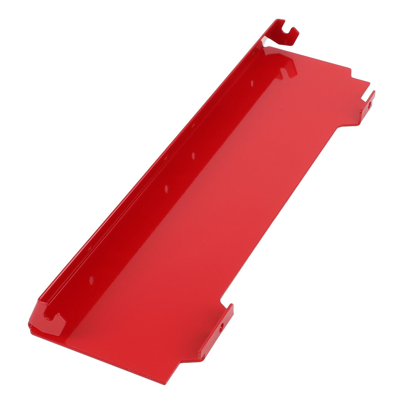 Introducing the AGCO Cover Plate - Acp0294330: A sleek, red, rectangular metal shelf featuring hooks on both the top and bottom edges for easy mounting.