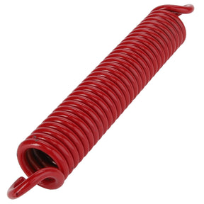 A tightly coiled red metal spring with hooks on both ends, labeled as the AGCO Spring - Acp0013370, lying on a white background.