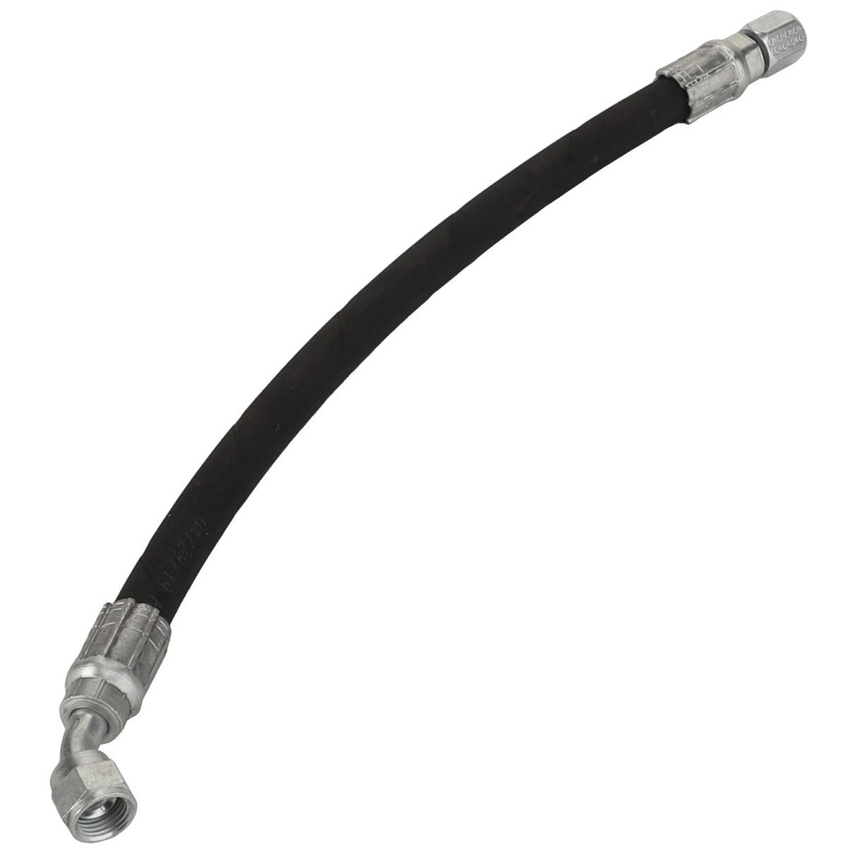 A black AGCO flexible hydraulic hose (Product Name: AGCO | HYDRAULIC HOSE - D46150581) with silver connectors on both ends.