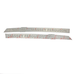 There is no current product description for the AGCO Decal - Acp0421810, designed for the Massey Ferguson 3708 AL tractor. The decals feature the text "3708 AL Massey Ferguson" in gray with a protective film marked by red text.