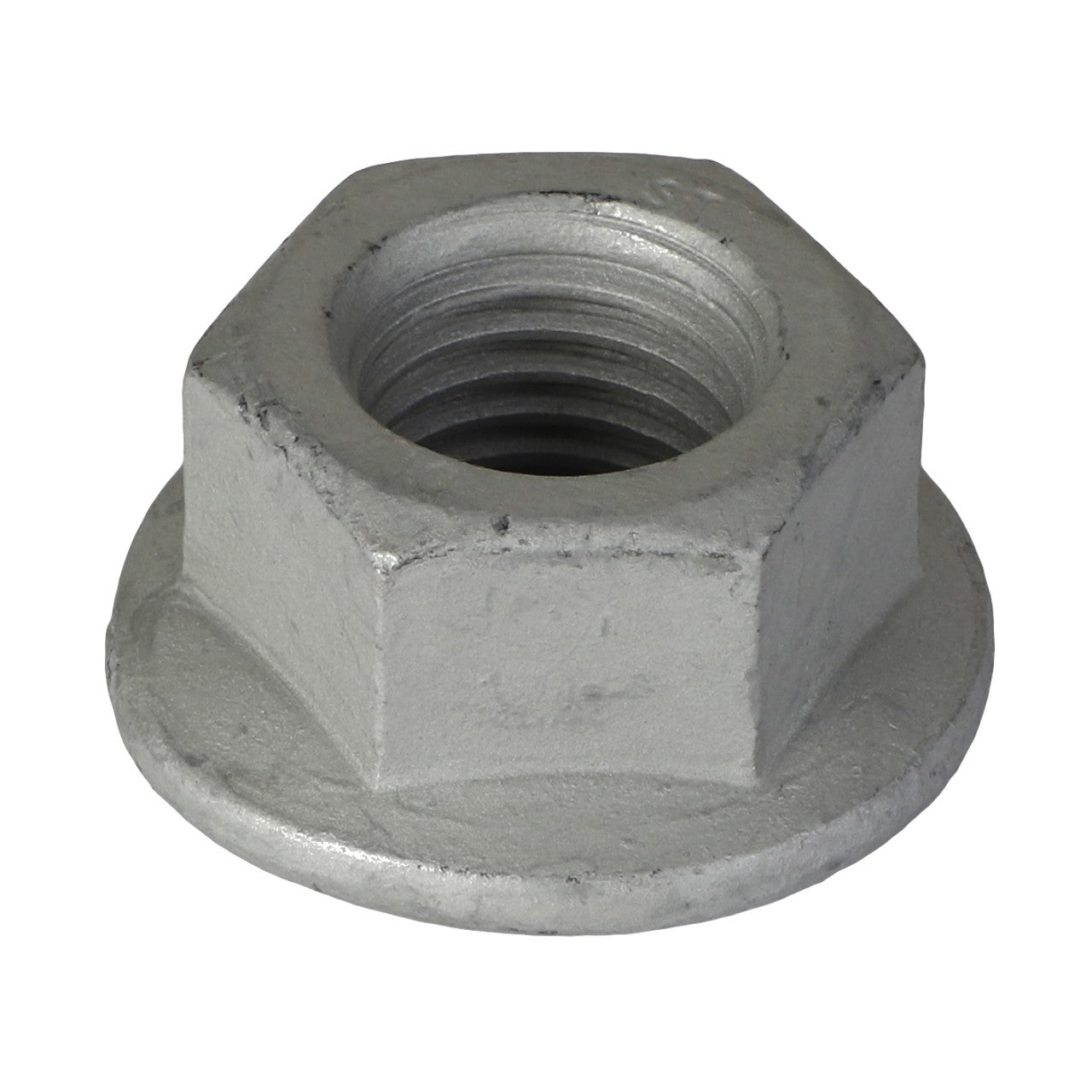 Close-up of the AGCO Hex Flange Nut - Acw1023970, a metal hex nut featuring a circular flange at its base, designed for securing objects in place.