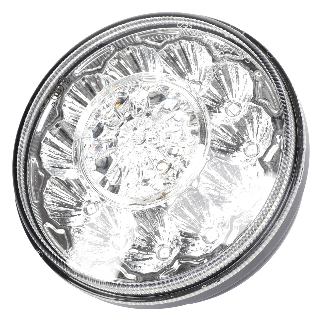 Close-up of the AGCO | Lamp - Acw1518740, a round, clear LED light with multiple bulb components arranged in a circular pattern, shining brightly.