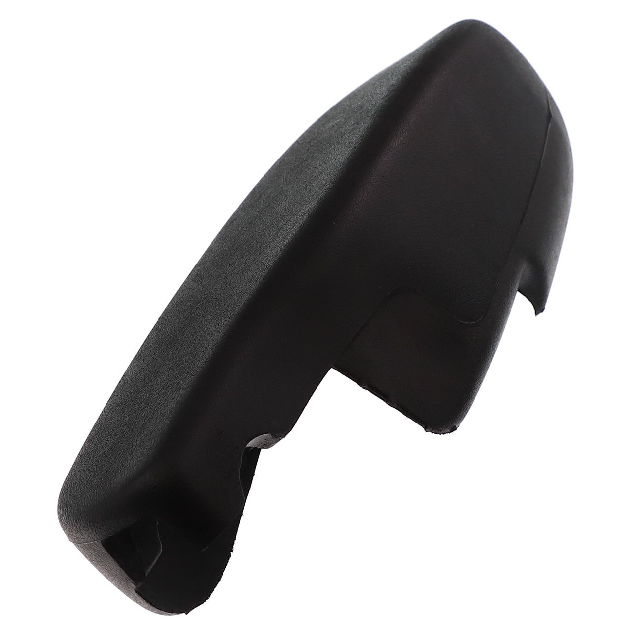 An AGCO ARMREST PAD, LEFT HAND - ACW1024210, with its black plastic finish, rests against a stark white background, showcasing its sleek and minimalistic design.