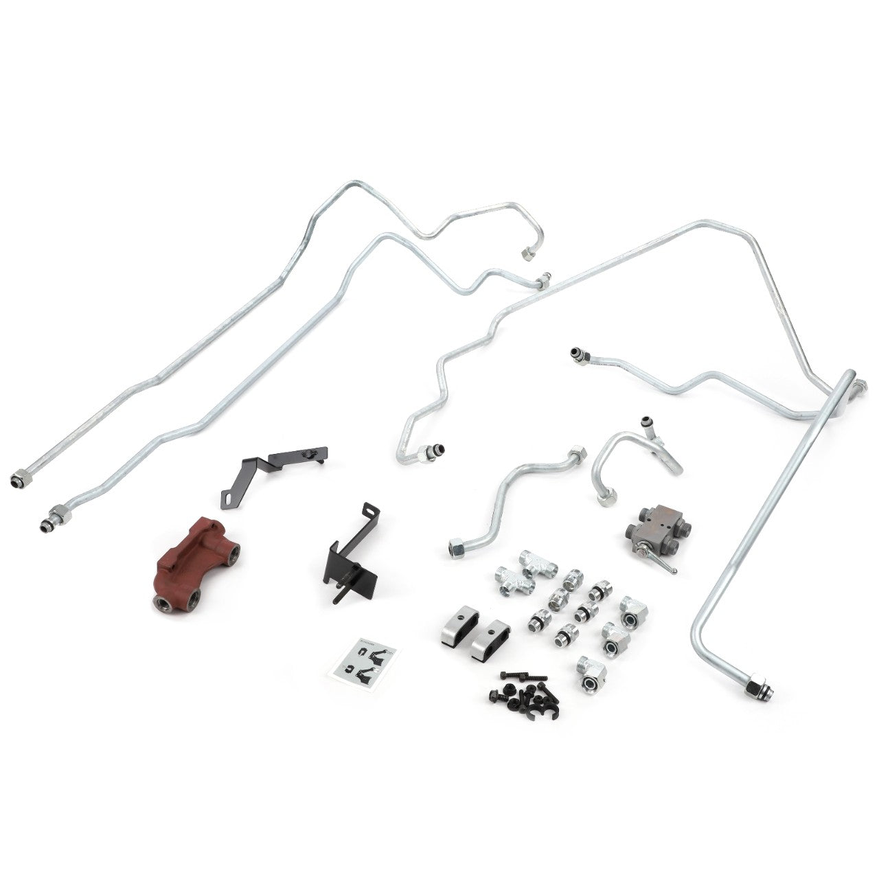 Assorted automotive parts, including metal tubes, brackets, bolts, and an AGCO Front Power Lift (Acp0673940) in red, are laid out on a white surface.