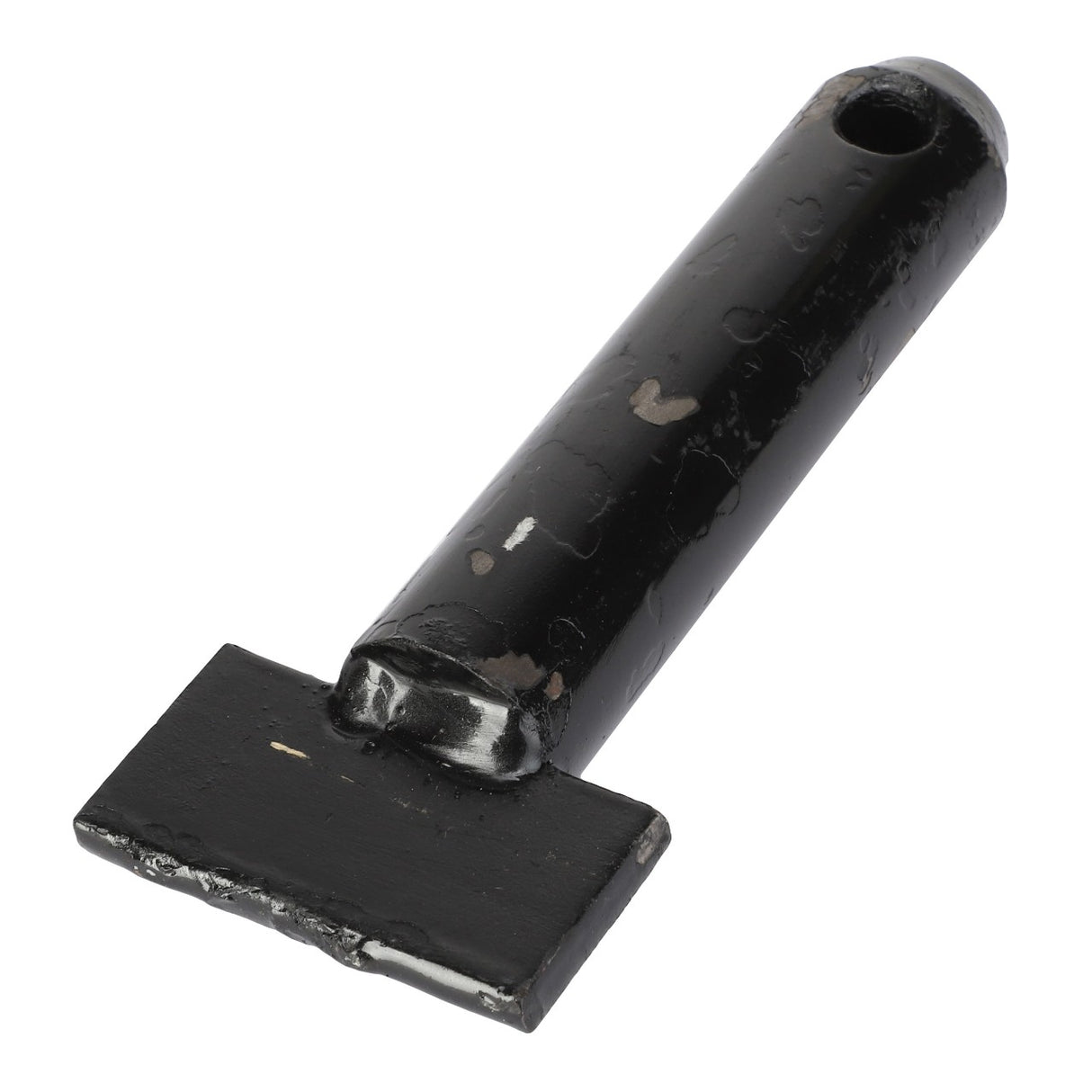 The AGCO PIN - AL1116610 is a black metal tool featuring a cylindrical handle with a hole at the top and a flat, rectangular head. Currently, there is no additional product description information available for this item.