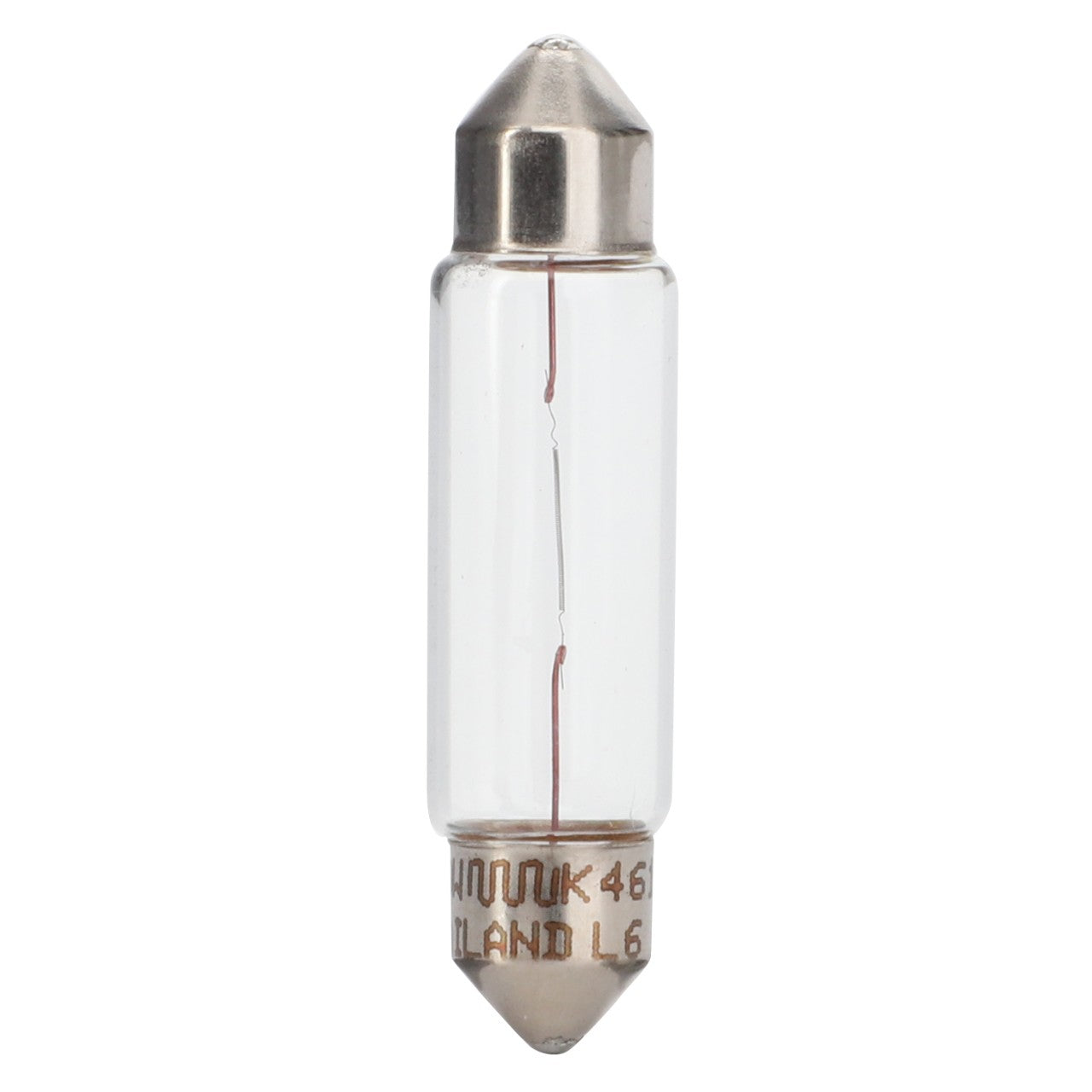 A small, clear cylindrical filament bulb with metal caps at both ends, designed for compatibility with various Fendt models. Product Name: AGCO | Filament Bulb 12V 10W - X825283291000 by AGCO.