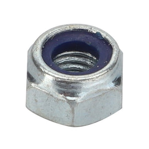 A close-up view of the AGCO Hex Nut - Fel106903 by AGCO, featuring an internal thread and a blue nylon insert, commonly known as a locking nut. No current product description available.