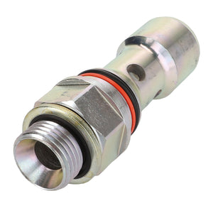 A close-up image of an AGCO Adapter - Acp0298150, featuring threaded ends, an orange O-ring, and a combination of hexagonal and cylindrical sections designed for secure connection and effective sealing. No current product description available.