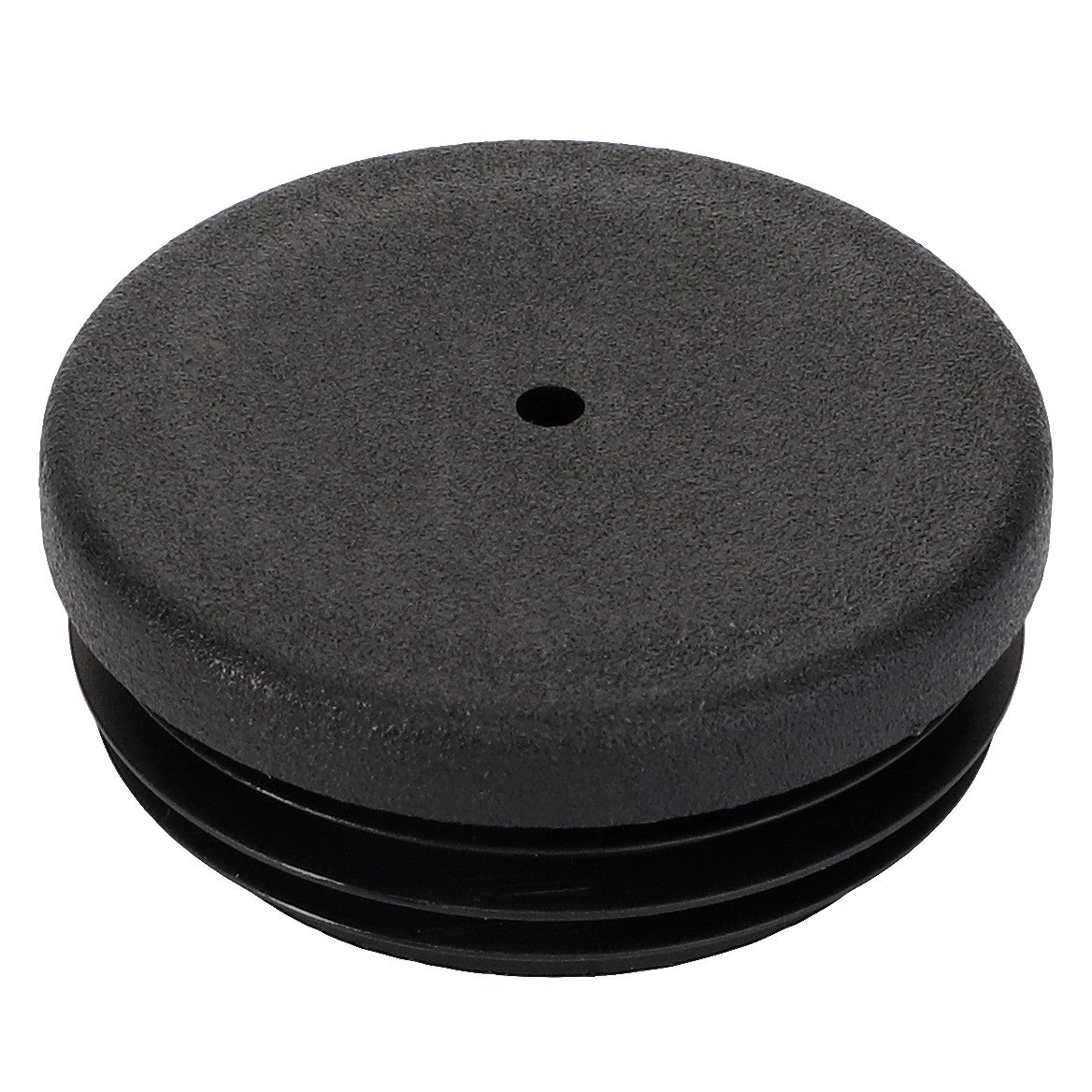 The AGCO LOCKING PLUG - F824200210240 is a black plastic round cap with a single small hole in the center and ribbed edges for grip, providing secure handling. No current product description information available.