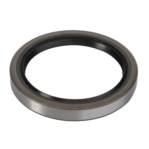 Close-up of an AGCO | Radial Sealing Ring - 3383497M1, a metal and rubber oil seal utilized in Massey Ferguson machinery and automotive applications. The object is circular with a metallic outer ring and a black inner ring.