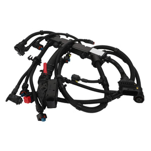 The AGCO Engine Wire Harness - Acw2017670, featuring multiple black wires and connectors of various shapes and colors, does not provide current information regarding compatibility details.