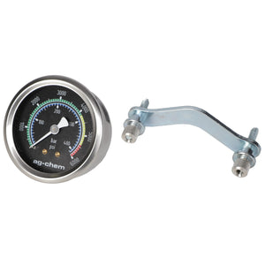 AGCO pressure gauge (model AG522586) with a steel casing, displaying measurements in PSI and bar. It features the brand name "AGCO." Beside it is a metallic mounting bracket with two attached screws. No current product description information is available.