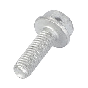 A close-up view of the AGCO Screw - La16673735, a shiny metal hex bolt with a threaded shaft and hexagonal head, displayed on a white background.