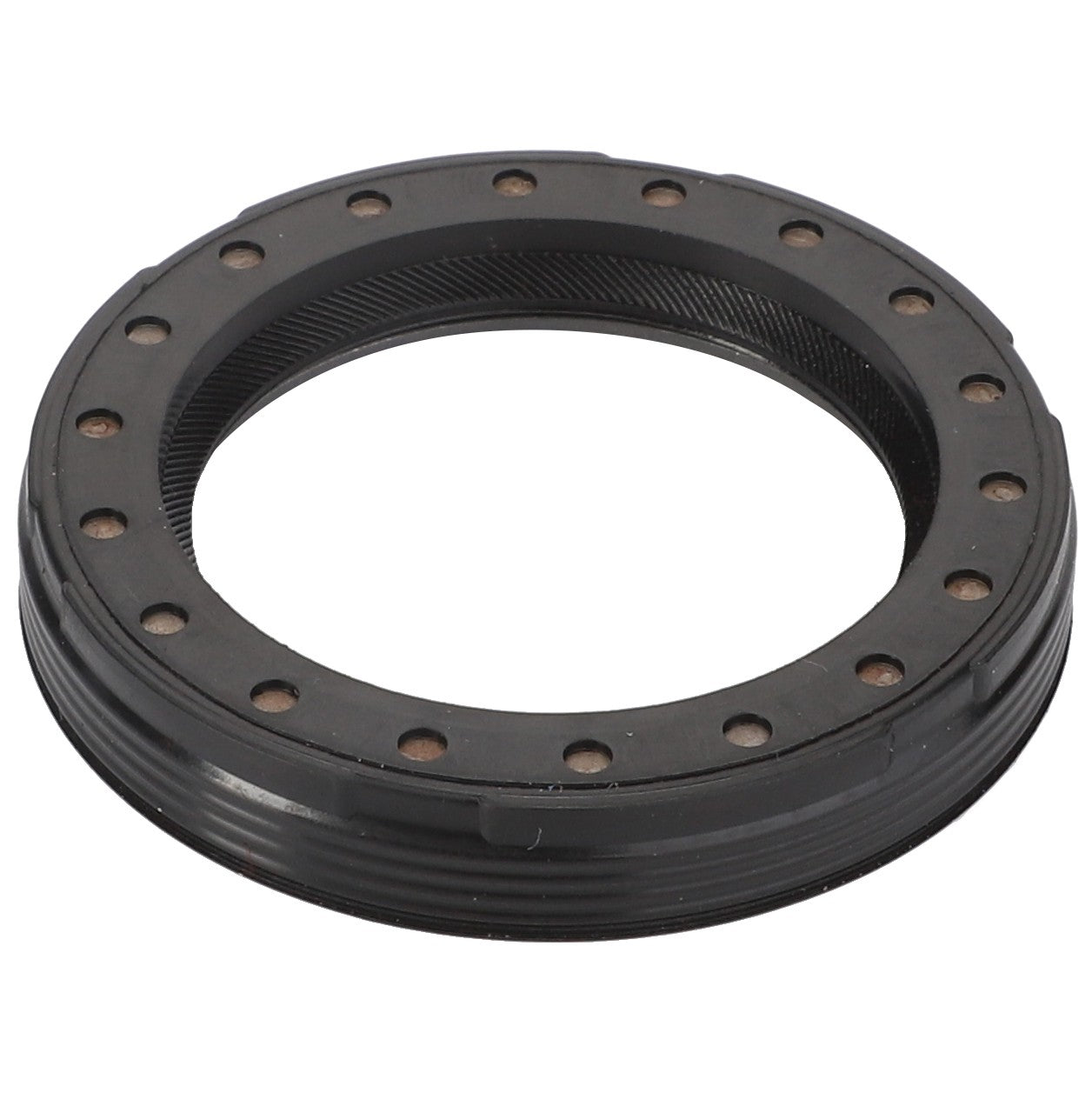 AGCO | Shaft Seal - Acp0308650 is a circular black rubber oil seal featuring a ridged outer surface and evenly spaced small holes around the inner ring. No current product description available.