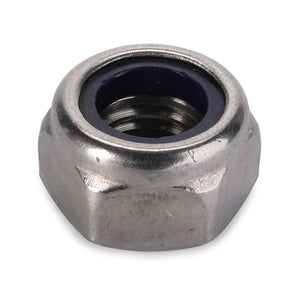 An aerial perspective of the AGCO | HEX NUT - E105165, a stainless steel hex lock nut with a nylon insert, from the renowned brand AGCO.