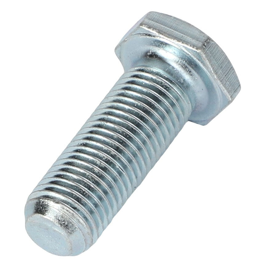 A close-up of the AGCO | Screw - 3638112M1, featuring a silver hex bolt with a threaded shaft and hexagonal head, commonly used in construction and mechanical applications for Massey Ferguson models.