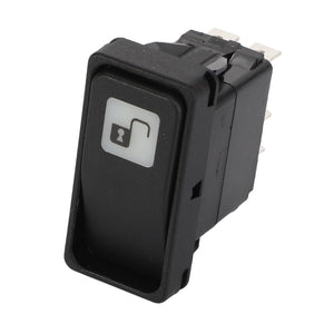 AGCO's SWITCH - AL5103006 is a black rectangular push-button switch featuring a white unlocked padlock icon on its face, with several metal prongs visible at the back for electrical connections.