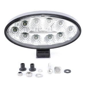 The AGCO LED Work Light (model number ACW0607840) comes with a mounting bracket, washers, screws, and additional installation hardware. This genuine AGCO LED work light is designed for shock resistance and low energy consumption, ensuring durability and efficiency in various conditions.