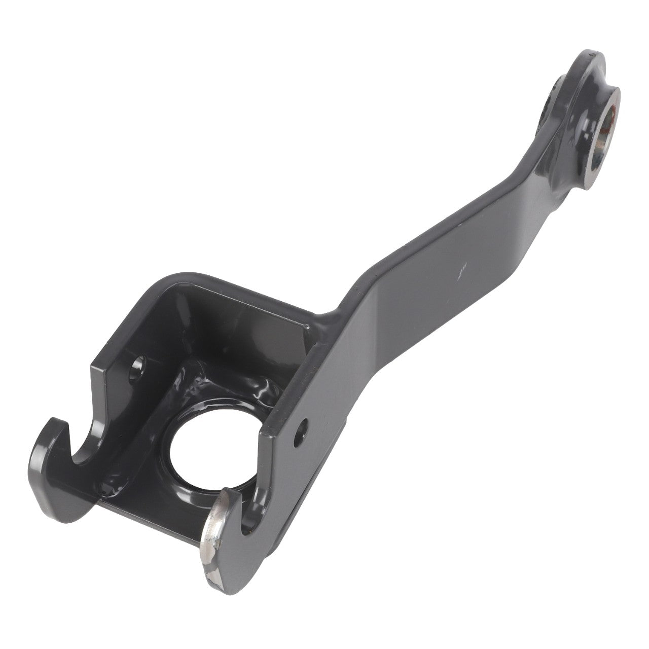 The AGCO | Swing Arm - Acw557195A is a metal automotive part with a black finish, featuring a hooked end and a rounded end with a bolt hole, designed for connection to other components.