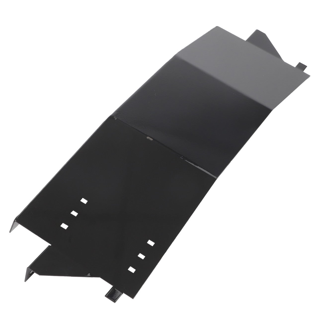 Image of the AGCO Dust Protection Plate - Acp0566420, a black, angular metal component with multiple cut-outs and bends, designed for industrial machinery or automotive applications.