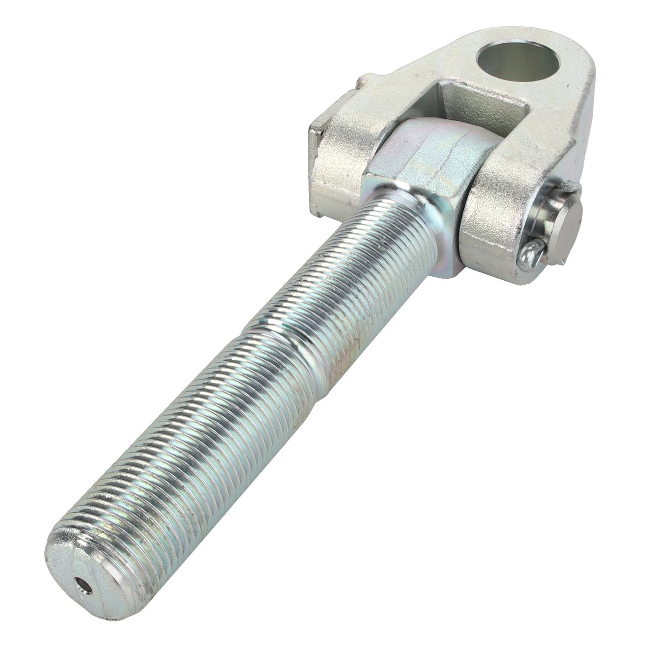 The AGCO TIE ROD - AG627110 is a durable metal clevis pin from AGCO, featuring a threaded shaft and a drilled hole at the top, perfect for secure connections.