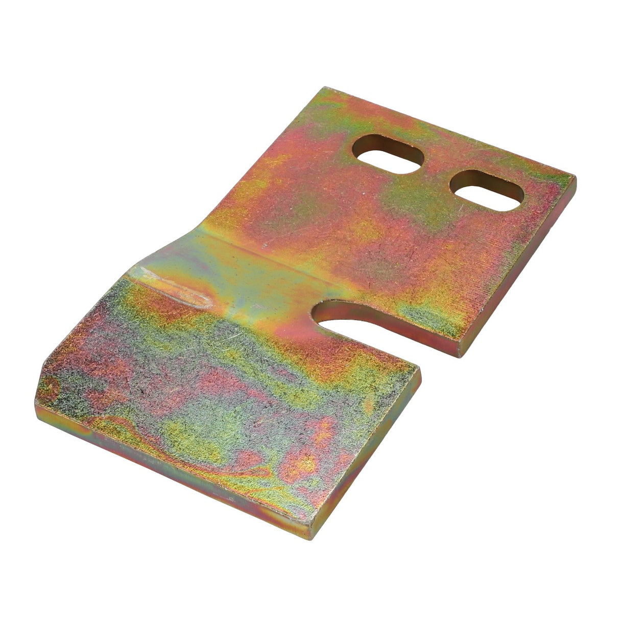 The AGCO | PLATE - D28281576 by AGCO is a rectangular metallic plate that includes two rectangular holes and a curved cutout, all adorned with a gradient, multi-colored surface.