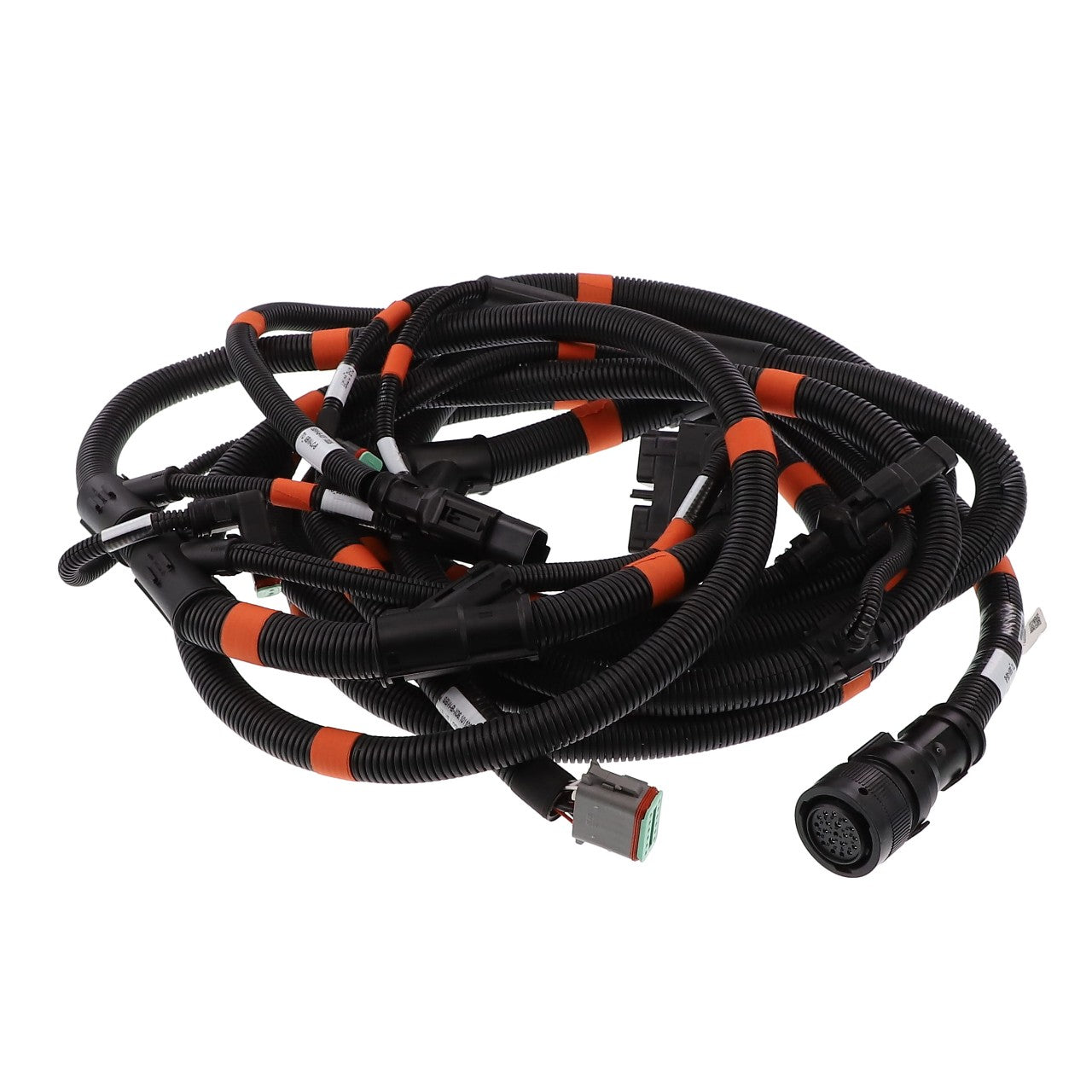 A coiled black and orange electrical wiring harness with multiple connectors is shown, but no current product description information is available for the AGCO | Harness - Acx3401970 by AGCO.