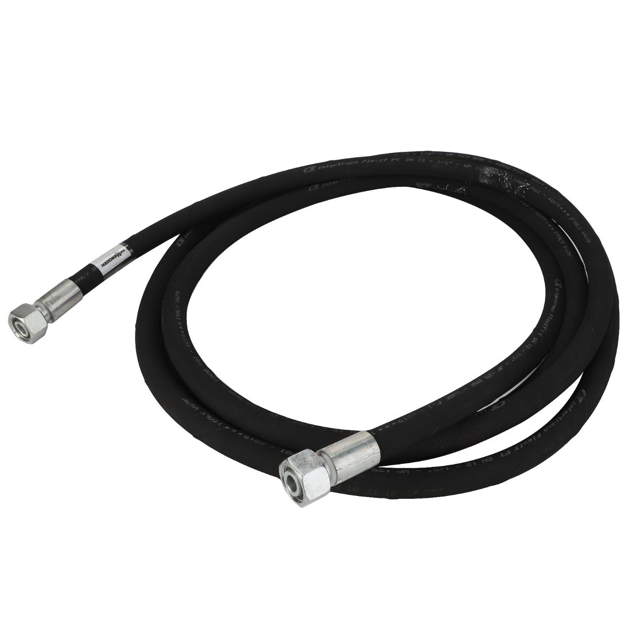 A coiled AGCO hydraulic hose, model ACP0532840, in black, equipped with durable metal fittings on both ends.