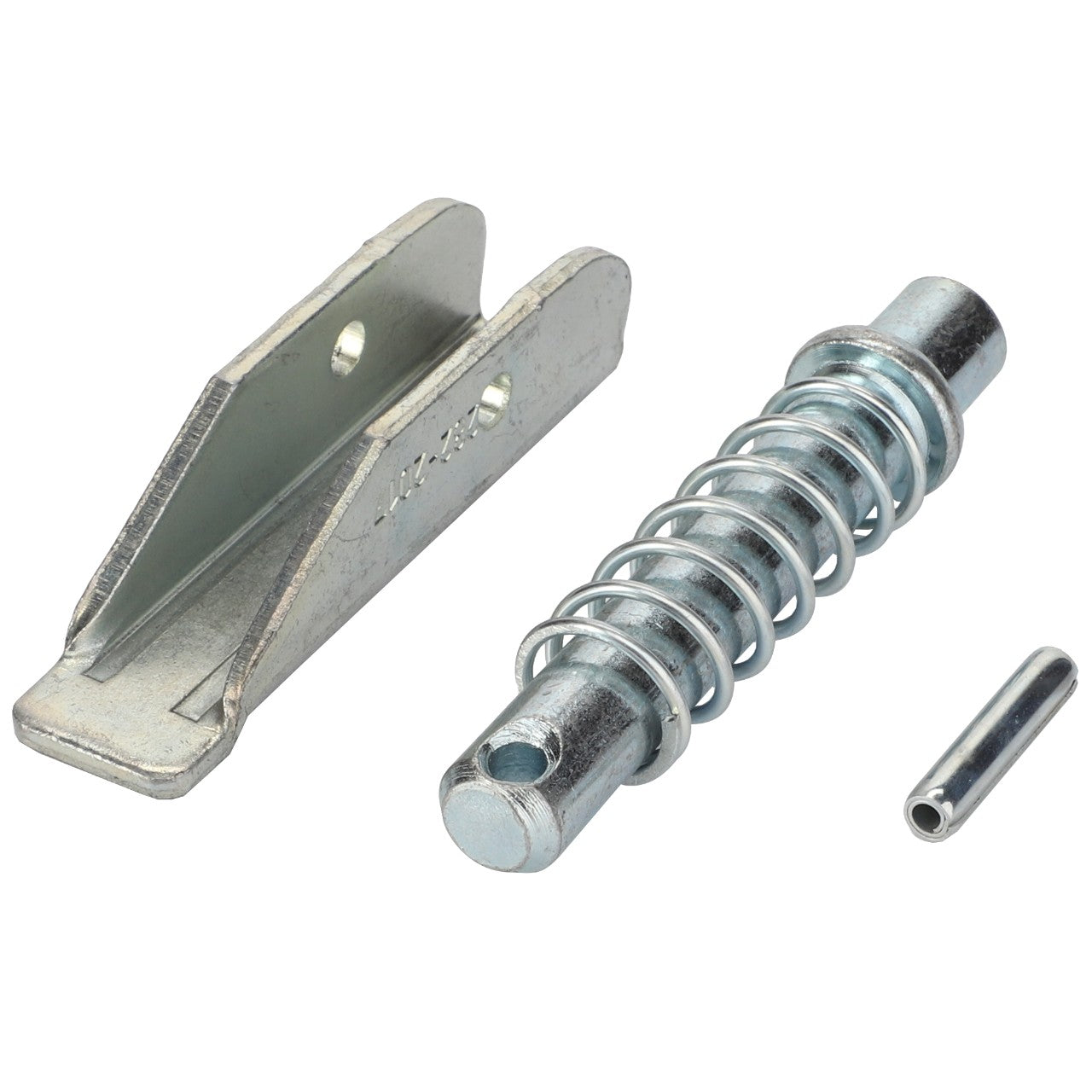 A high-quality AGCO Pallet Fork Locking Kit (AL11260629) featuring a metal spring-loaded pin with a mounting bracket and a small cylindrical pin on a white background, designed for front loader applications by AGCO Parts.