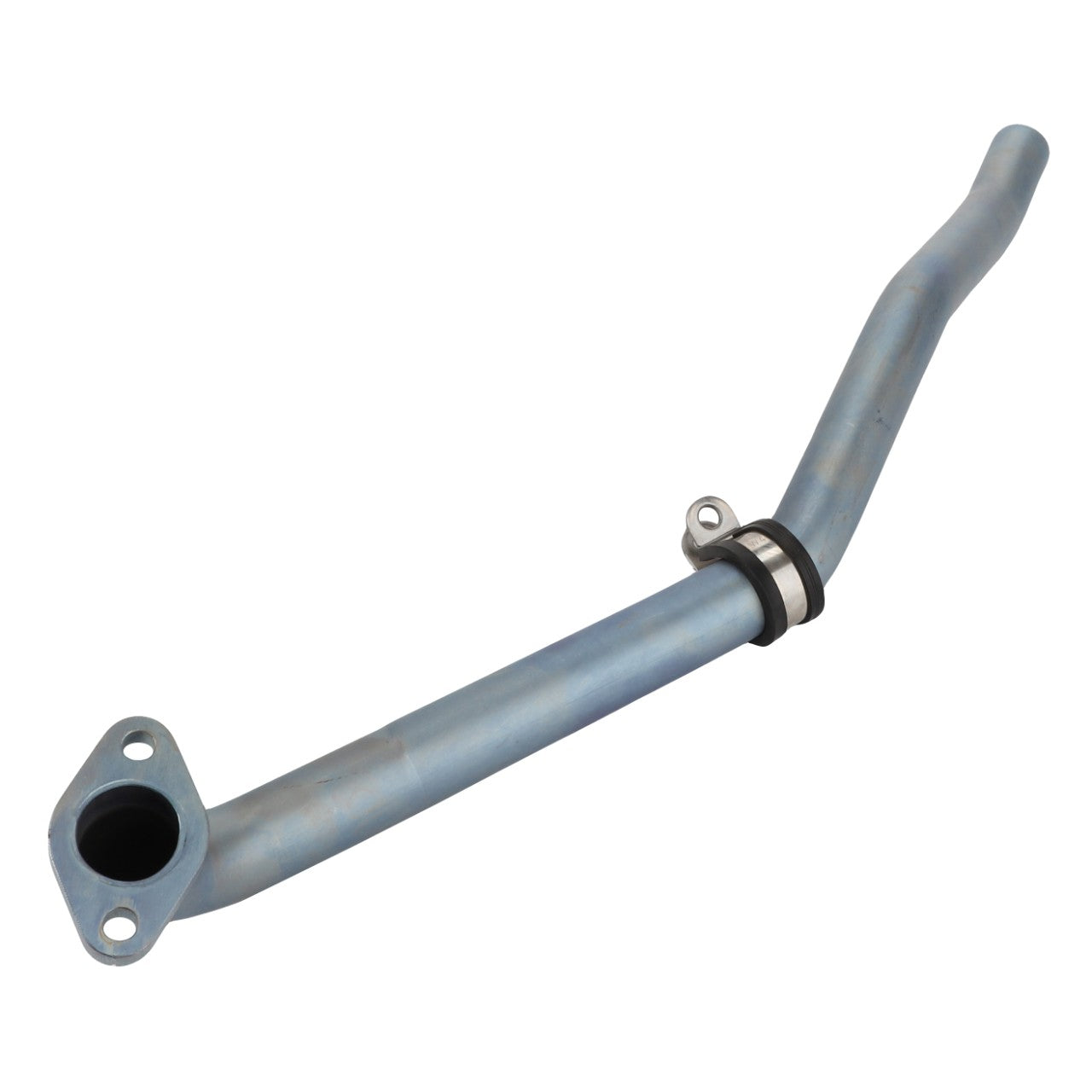 Introducing the AGCO Coolant Line - Acp0358520. This metal automotive part, branded by AGCO, comes with a flange on one end and a curved pipe on the other, featuring a single black rubber ring.