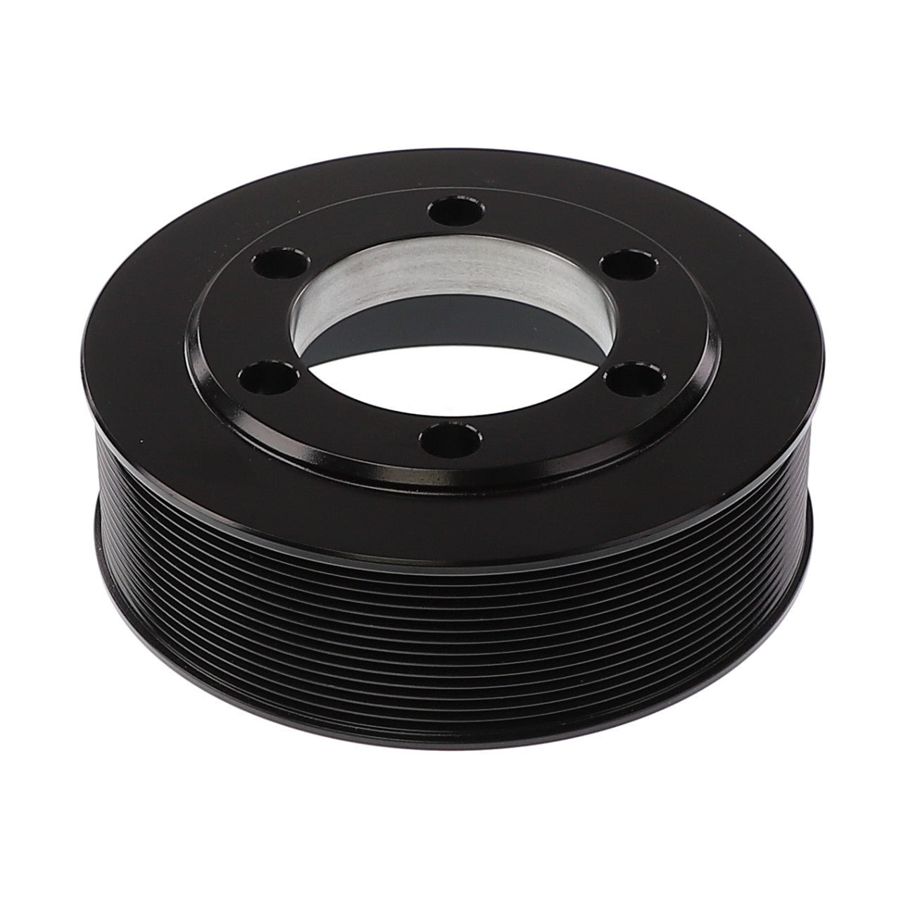 The AGCO | Crankshaft Pulley - Acw3678960 is a black metal component with a central hole encircled by five smaller holes, and features intricate grooves around its circumference.