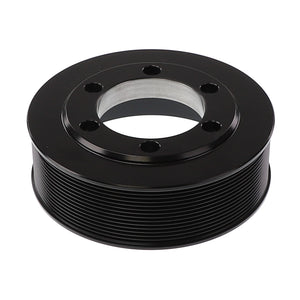 The AGCO | Crankshaft Pulley - Acw3678960 is a black metal component with a central hole encircled by five smaller holes, and features intricate grooves around its circumference.