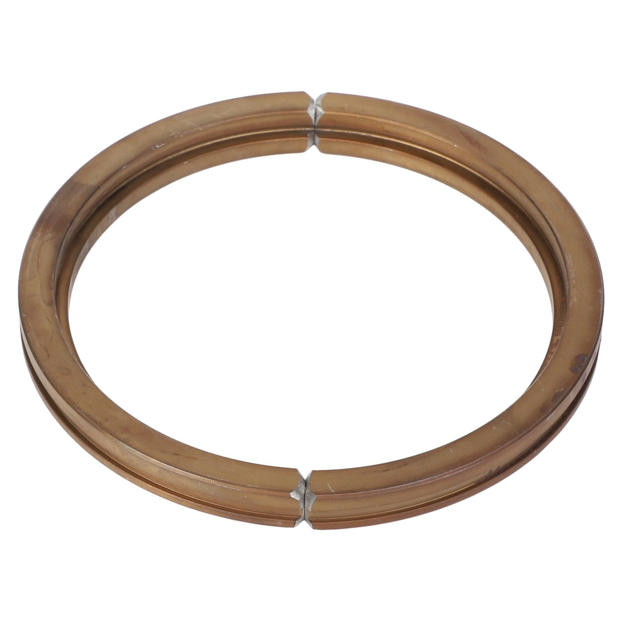 The AGCO | SNAPRING - AG725282 is a circular, bronze-colored metal ring designed to be split into two semi-circular halves, each featuring small clamps at the ends. Please note, there is no current product information available for this item.