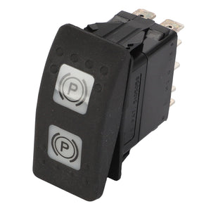 The AGCO SWITCH - D45050047 is a black rectangular rocker switch featuring white "P" symbols inside circles on both ends, typically used for parking functions in vehicles. No current product description information available.