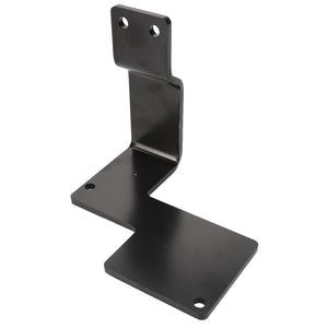 No current product description information is available for the AGCO Brake Carrier - Acw9340980. This black metal bracket features an L-shaped design with four mounting holes, two on the shorter vertical section and two on the horizontal base.