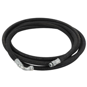 The AGCO Hydraulic Hose - Acp0004440 features a coiled black design with metallic connectors at both ends, including one angled connector. No current product description available.