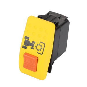 The AGCO | Switch, Indirect - 3783086M1 is a yellow and black dashboard switch with an orange button, featuring an icon that displays a vehicle differential symbol. It is compatible with Massey Ferguson Models.