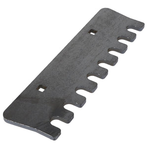 The AGCO | Wear Plate - Acw9111540 by AGCO is a flat, metallic tool featuring a toothed edge and two square holes for mounting, with an appearance similar to that of a coarse comb. No current product description information is available.