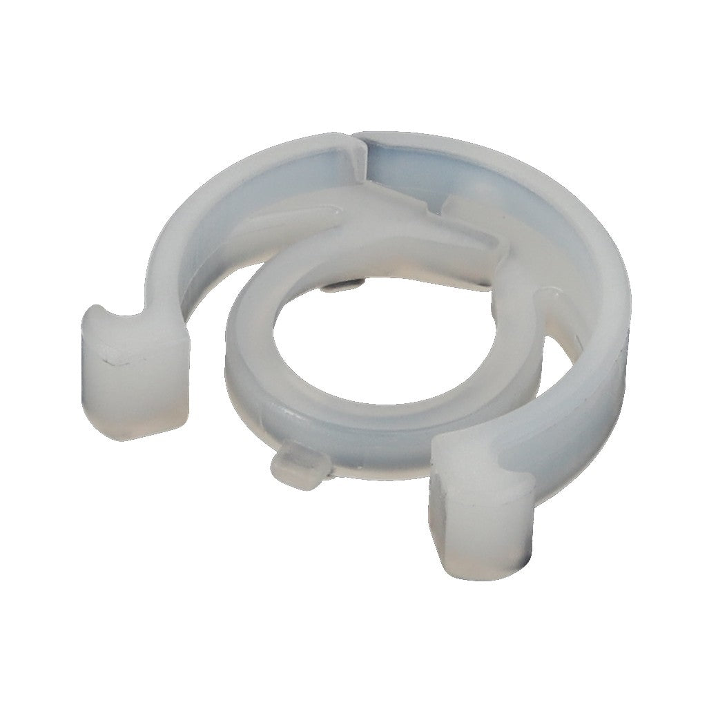 Close-up image of an AGCO | Clip - Acp0446200, a white plastic circular clip featuring an open design and two prongs on either side.