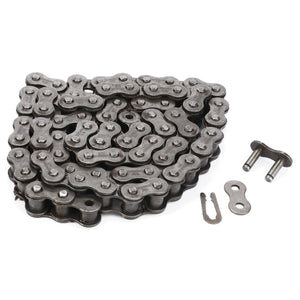 A coiled metallic bike chain with a connecting link and clip laid beside it on a white background, showcasing the optimal performance of the AGCO Chain, Return Elevator - D42329000.