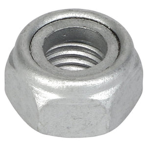 Close-up of the AGCO | Hex Top Lock Nut - Acw1842670 with internal threading, used in conjunction with a bolt for fastening applications. No current product description information is available, but the silver nut features a precisely machined surface ideal for secure connections.