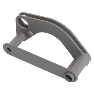 The AGCO Link - 180983M91 is a metallic gray hinge bracket featuring cylindrical ends and two mounting holes, designed for mechanical or structural use and compatible with Valtra machinery.