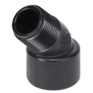 Introducing the AGCO | STREET ELBOW - AG052341: a black plastic pipe fitting featuring a threaded male end and a smooth female end, connected at a 45-degree angle. For ordering or inquiries, please contact our support team.