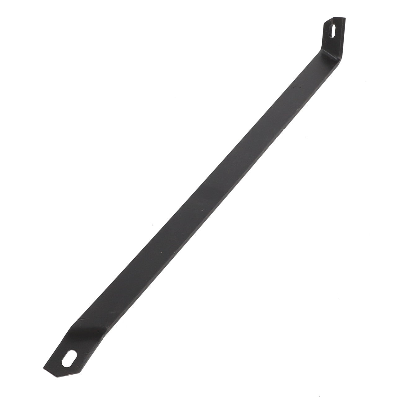 The AGCO | BRACKET - D28281389 is a long, sleek, flat black metal strip featuring a hole on each end by AGCO.