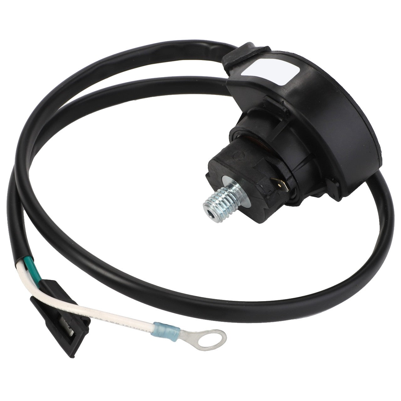 The AGCO | BEARING - D45060100 is a sleek black automotive sensor with an attached cable, featuring a durable connector on one end and a sturdy metal bolt on the other.