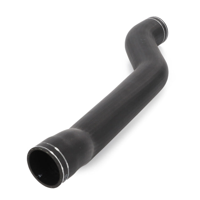 A black S-shaped hose, known as the AGCO Tube - 4355179M1, viewed against a plain white background, compatible with various Valtra models.