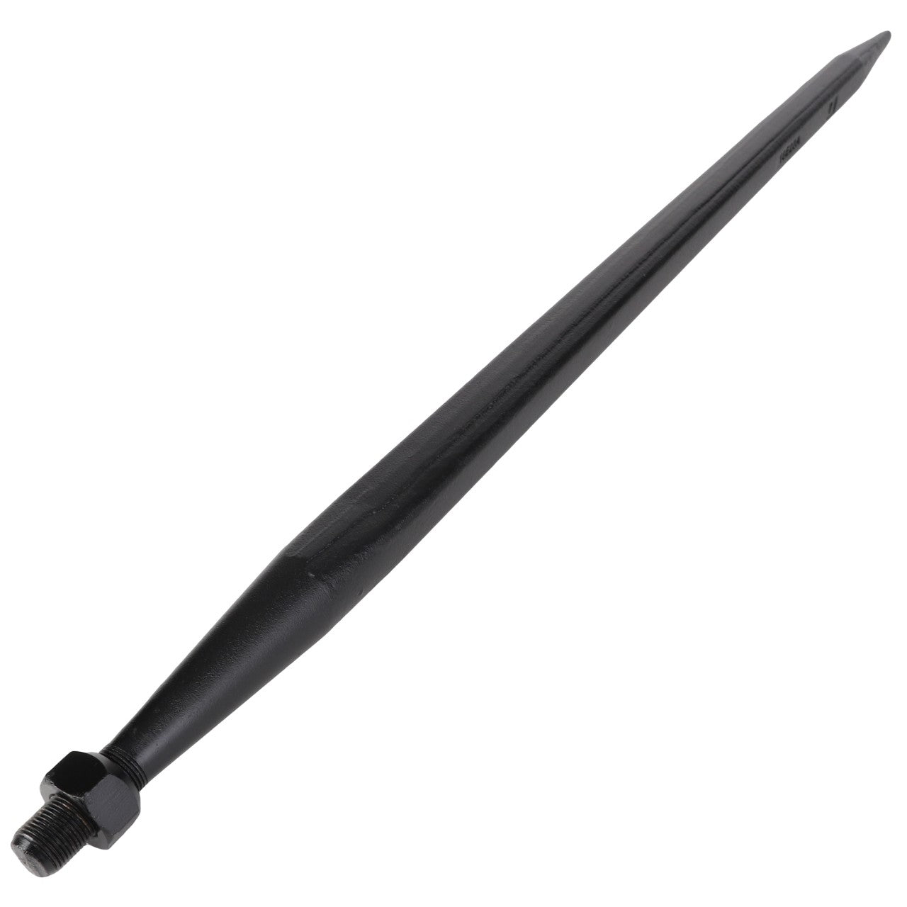 The AGCO | Spike - Acp0293610 is a sleek black, pointed metal rod with a threaded end, complemented by a sturdy hexagonal nut.