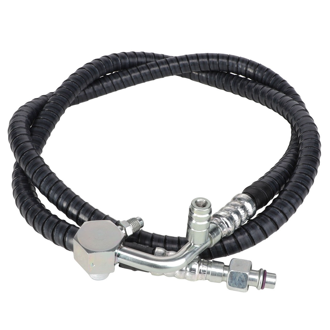 Close-up of the AGCO | Hose - Acp0301140, a coiled hydraulic hose assembly featuring metal fittings at both ends, designed for industrial machinery use.