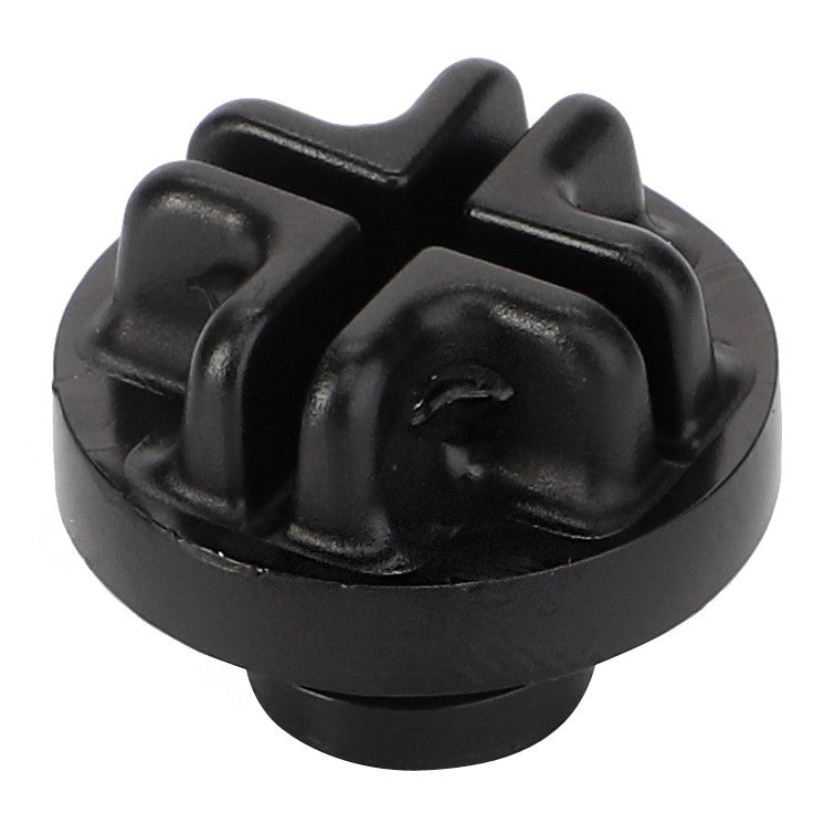 The AGCO Locking Plug - X563284000000 is a black plastic knob featuring a round base and four equally spaced raised sections on top, designed to seamlessly fit Fendt Favorit Models.