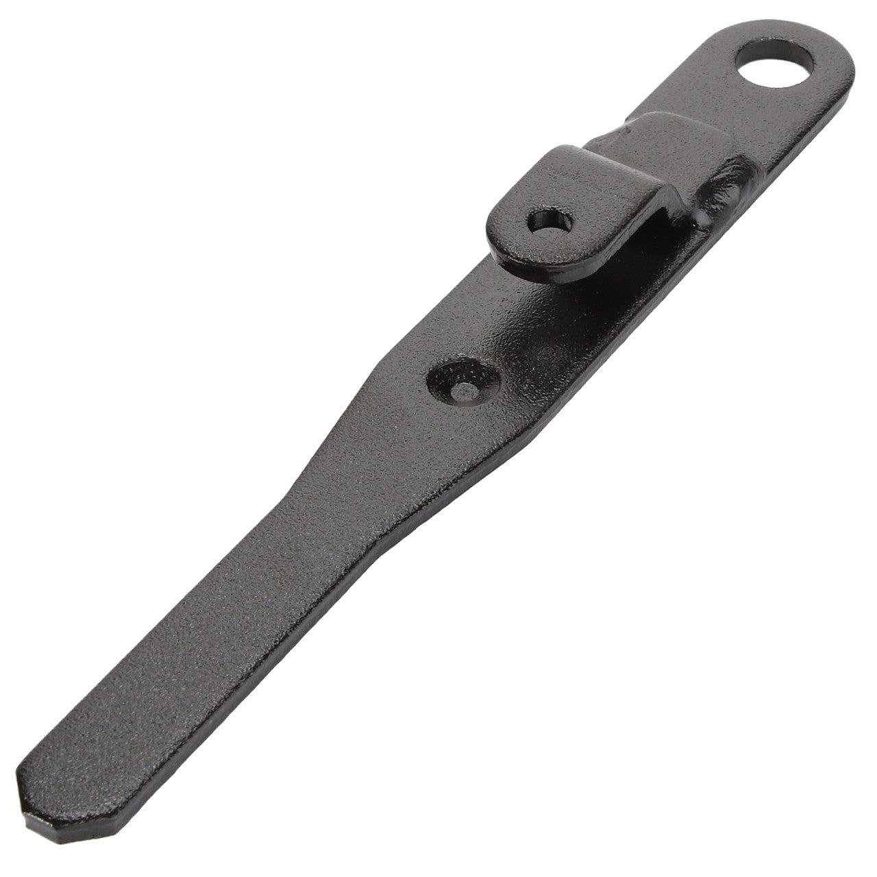 The AGCO Lever - Acw0792160 is a black metal latch featuring a hole at one end and a movable clasp near the other. No additional product description information is currently available for this item.